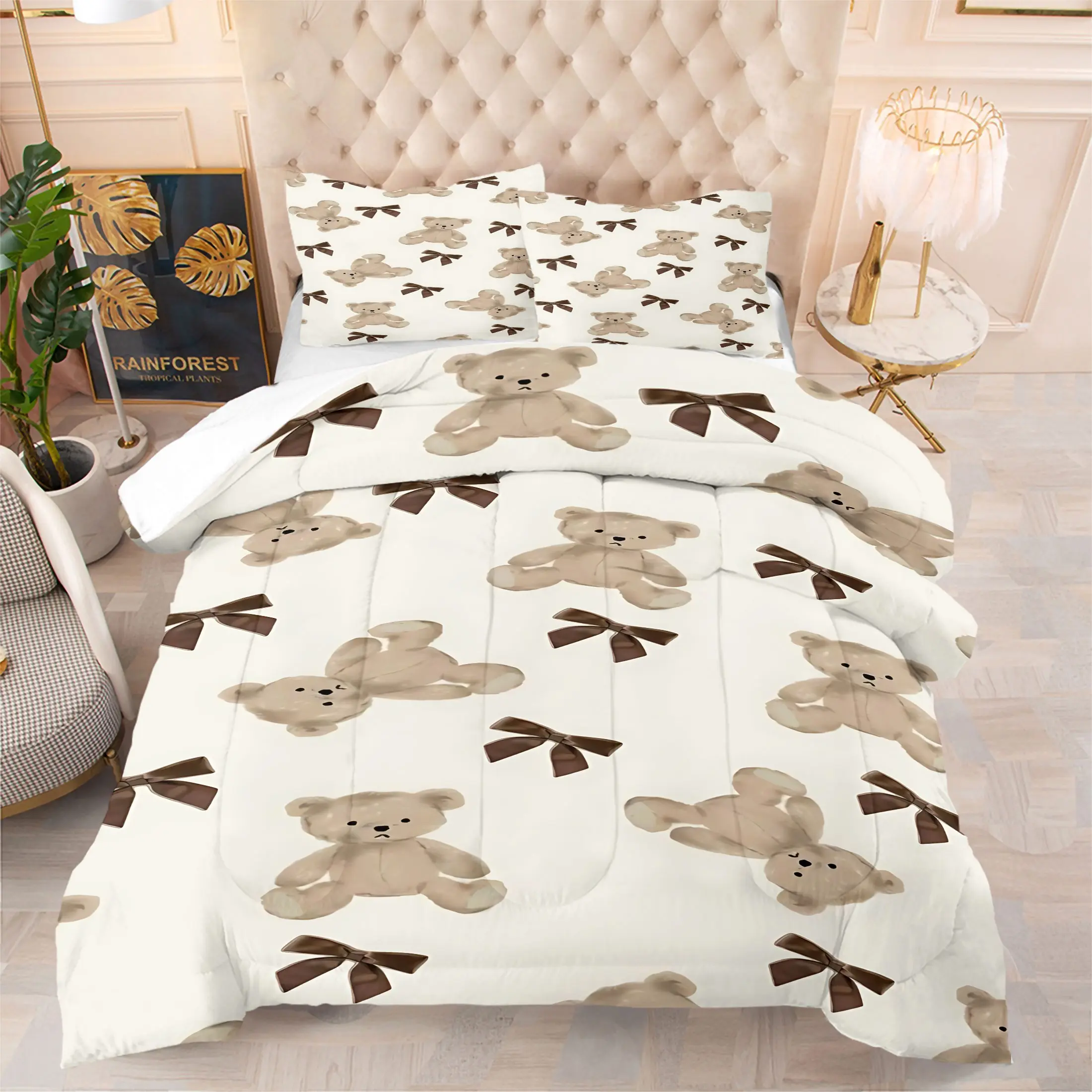 2/3-Piece Cute Teddy Bear Comforter Set, Off-White Bedding, includes 1 comforter and 1 or 2 pillowcases (no inserts). Soft and fluffy, perfect for kids' and teens' bedrooms.