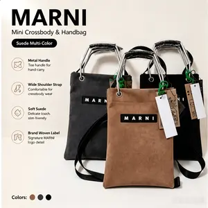 Women's MARNI Style Suede Mini Crossbody Tote Bag - Embroidered Logo, Metal Handle Shoulder Handbag for Autumn Winter