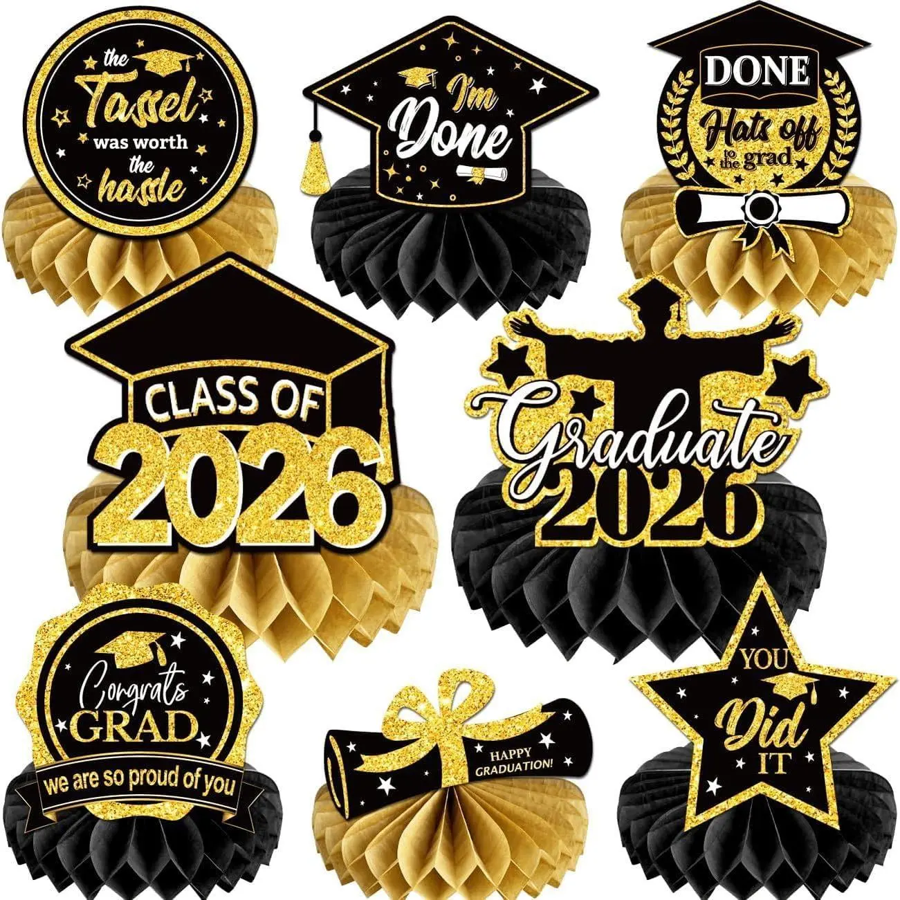 8 count Graduation Decorations Honeycomb Centerpieces Class of 2026,  Graduation Table Toppers, Congrats Grad Decorations for High School College Grad Party, Graduation Table Centerpieces Supplies