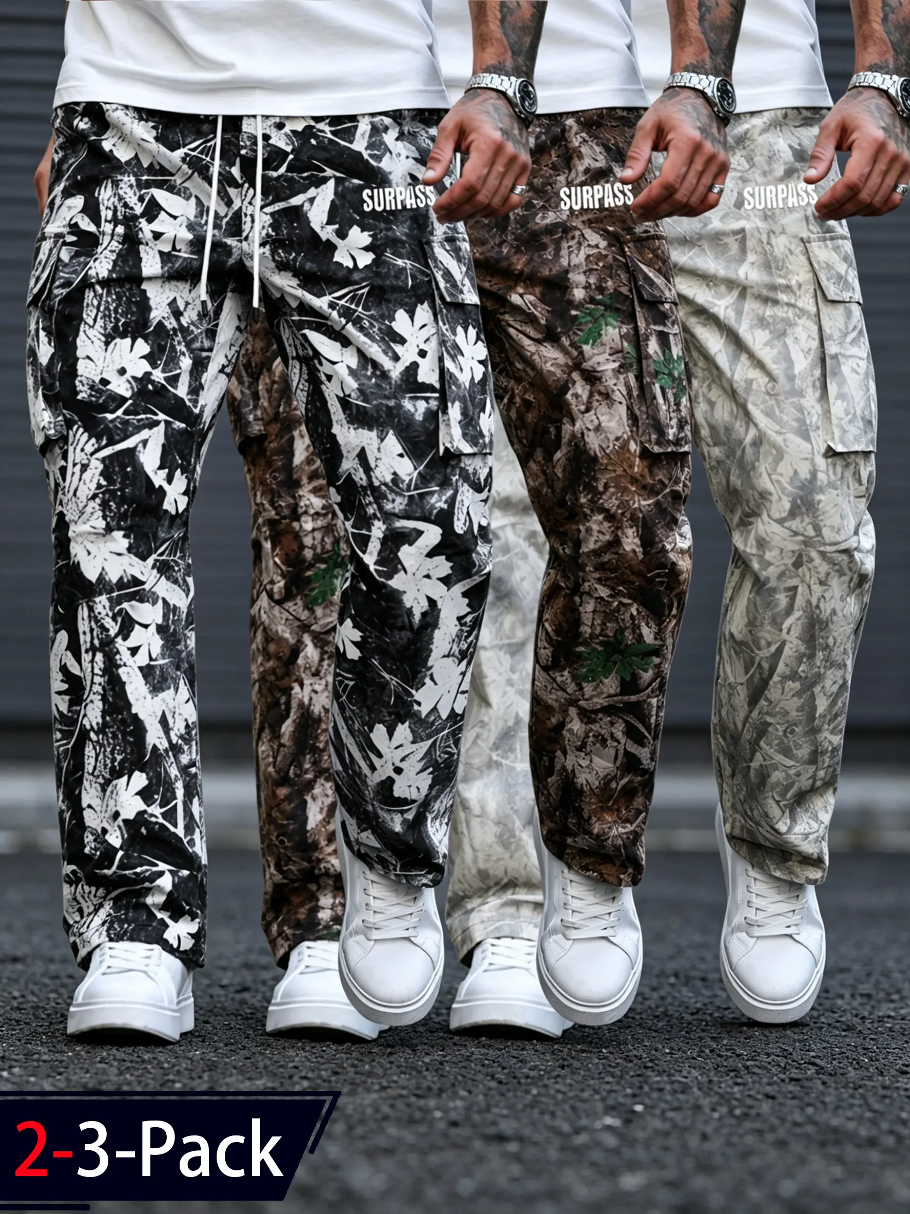 Men's 2-3 Pack Camo Cargo Pants Y2K Streetwear Tactical Outdoor Trousers Multi Pocket Drawstring Waist Loose Fit Casual Jogger Pants for Hiking Camping Work Utility Fashion Long Pants Urban Hip Hop Camouflage Travel Everyday Wear Gift for Him Street Style
