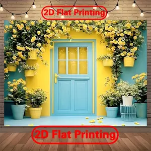 1PC Polyester Reusable 2D Flat Spring Fresh Yellow Flowers Blue Door Backdrop Banner, Kids Party Hanging Cloth for Indoor-Outdoor Decoration, Birthday Photo Shooting (banners included)