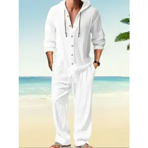 Men's Trendy Linen Hooded Two-Piece Set, Casual Vacation Style, Loose Fit Breathable Fabric, Hoodie & Wide-Leg Pants, Spring & Fall Wear
