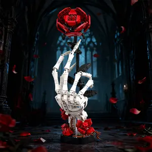 Gothic Skull Hand Rose Building Blocks Includes digital instructions. Unique dark decor for adults/teens. Perfect Halloween, Valentine’s gift for goth lovers. Compatible with leading brands. DIY kit for desk, shelf.