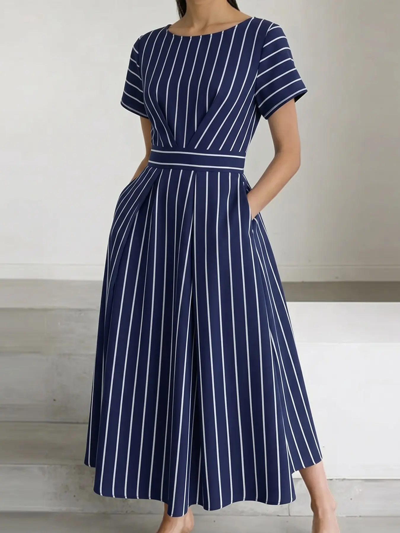 ZANZEA Women's Round Neck Short Sleeve Striped A-Line Dress, Casual Chic Dress, Waist Cinch Design, Side Zipper Pockets, Casual Daily Wear, Commute Style, Summer, A Line Dresses