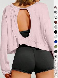 women's solid backless sports tee, casual long sleeve  t-shirt for yoga gym workout, ladies sportswear for all seasons