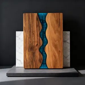 1 Pc Teak Wood & Epoxy Resin Cutting Board - Rustic River Design - Food Safe Kitchen Chopping Board for Home Chefs & Food Prep