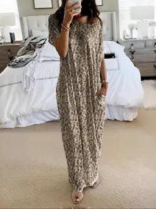 Women's Loose-Fit Casual Dress, Round Neck Short Sleeve Comfortable Home Wear, Elegant Victorian Style for Fall Winter Season