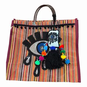Mexican Maya Bag with Evil Eye Applique Boho Aztec Purse Blue Striped Design Colorful Beads and Tassels