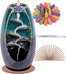 Ceramic Backflow Incense Holder and Burner Waterfall with 120 Backflow Incense Cones & 30 Incense Stick - Aromatherapy Ornament for Home Decor