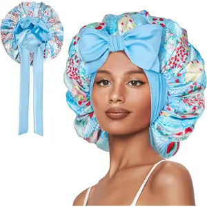 Double Layer Silk Bonnet with Tie Satin Lined Sleep Cap Hair Cover for Women's Curly  Hair
