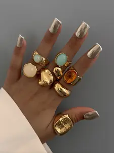 7 Pieces Vintage Fashion Geometric Gemstone Inlaid Ring Set, Women's Bold Metal Statement Rings, Perfect for Daily Wear and Party Jewelry Gifts, Geometric Design Ring