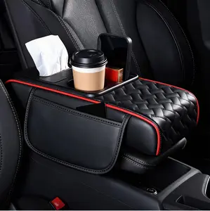 5 in 1 Car Center Console Armrest Pillow, Leather Car Armrest Cushion With Cup Holder & Phone Holder, Universal Armrest Storage Box Protector For Most Vehicles, Car Accessories - Black