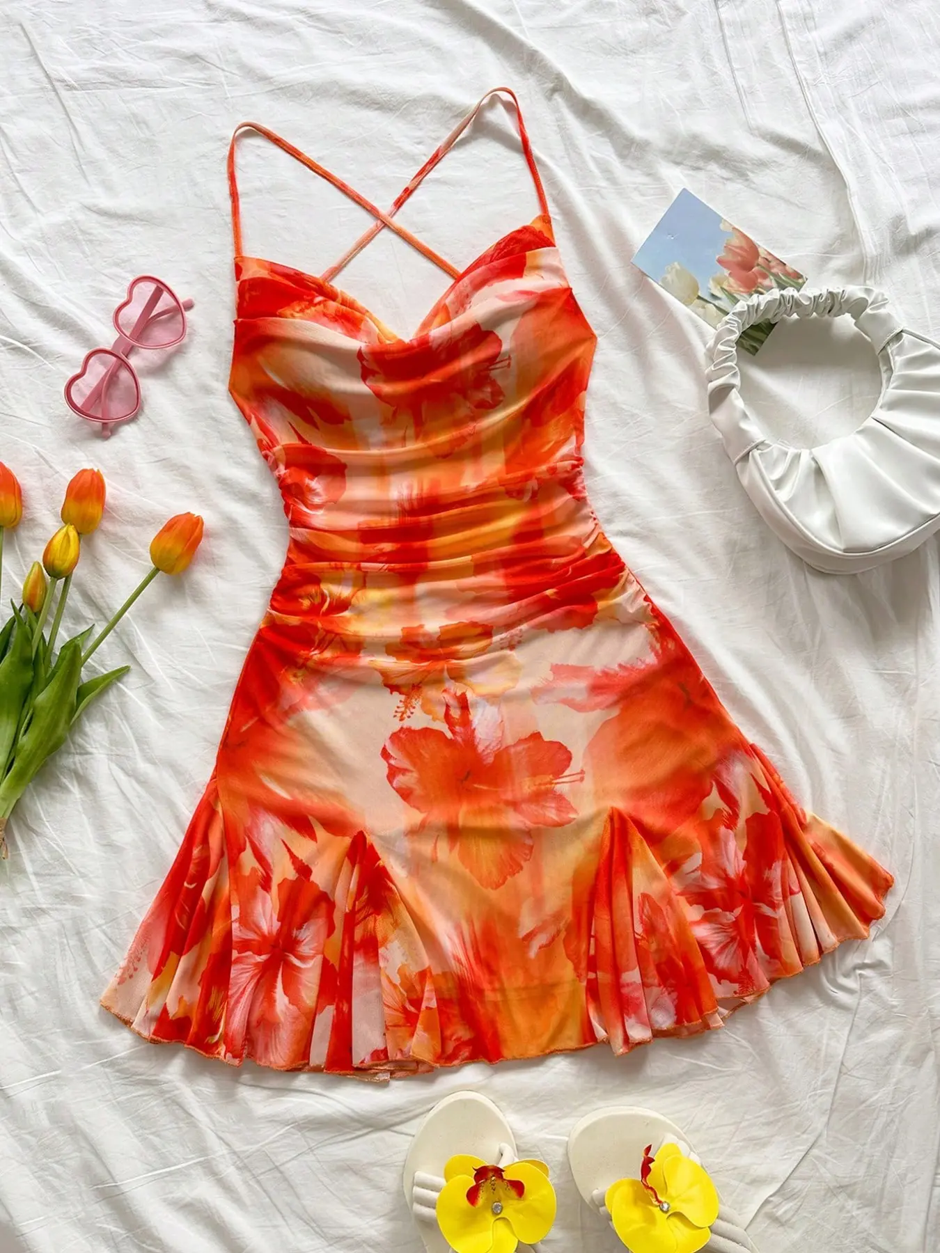 Orange gradient Floral hibiscus-print strappy cross-strap ruched sleeveless mini dress, blending bohemian vacation vibe and Y2K pure sexy style. Perfect Summer Beach seaside resort dress for dates, music festivals and parties, Bohemian Fashion.