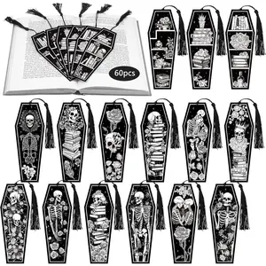 60 count 12 Styles Gothic Skeleton Coffin Bookmarks Double Sided Book  Skull  Bookmark Gothic Book Marker with Black Tassels for Reading Lovers Gifts Accessories (Halloween)