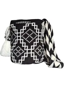 Handmade Wayuu Crossbody Bag – Black & Neutral Geometric Patterns, Artisan Crochet Bucket Bag