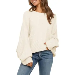 Saodimallsu Womens Oversized Crewneck Sweater Batwing Puff Long Sleeve Cable Slouchy Pullover Jumper Tops Fit Elegant Casual Elastic