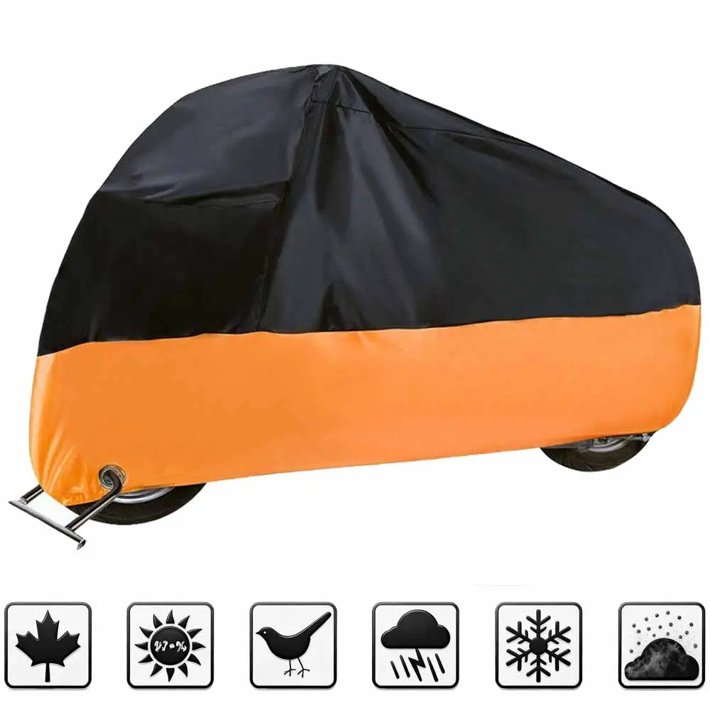 XXL All-Season Motorcycle Cover, 190T Waterproof Polyester, Outdoor UV & Dust Protection, Breathable with Lock Buckle & Storage Bag, Black-Orange