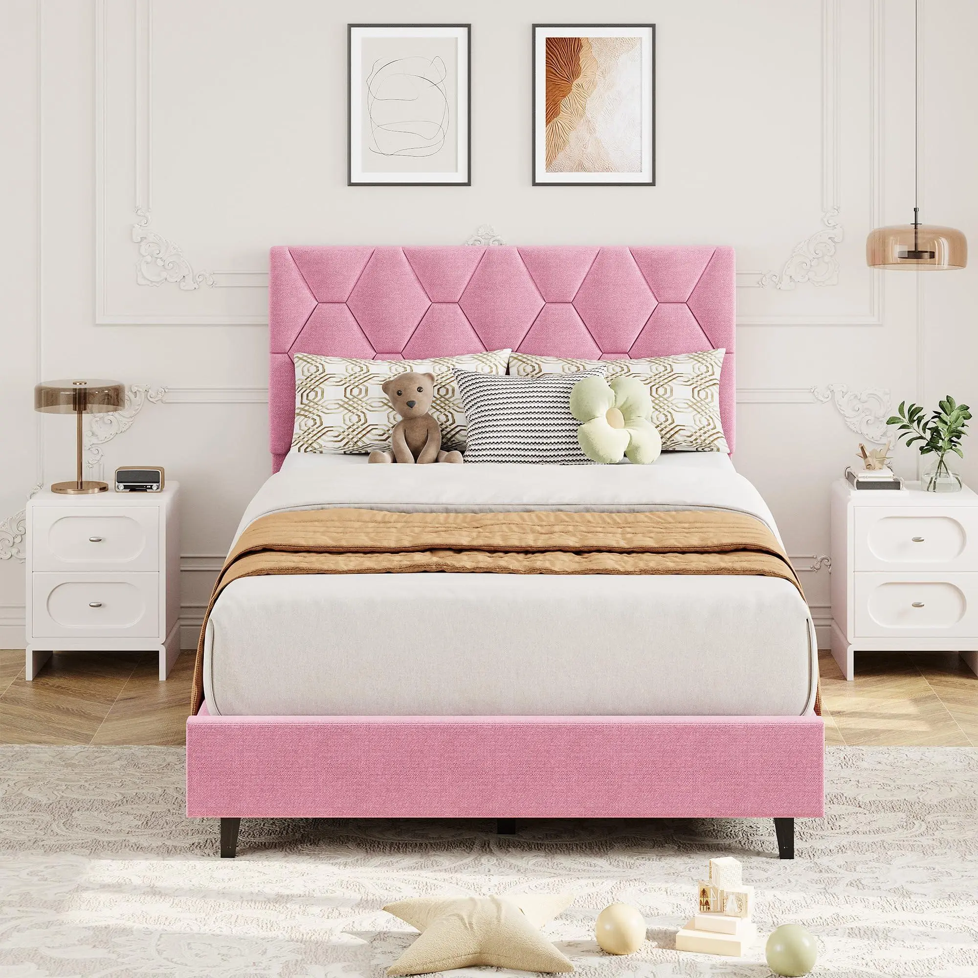 Gaomon Blush Pink Twin Size Velvet Upholstered Platform Bed with Diamond Tufted Headboard, Wooden Slats Support, No Box Spring Needed, Easy Assembly, 400Lb Capacity, Minimalist Bedroom Furniture, Beds