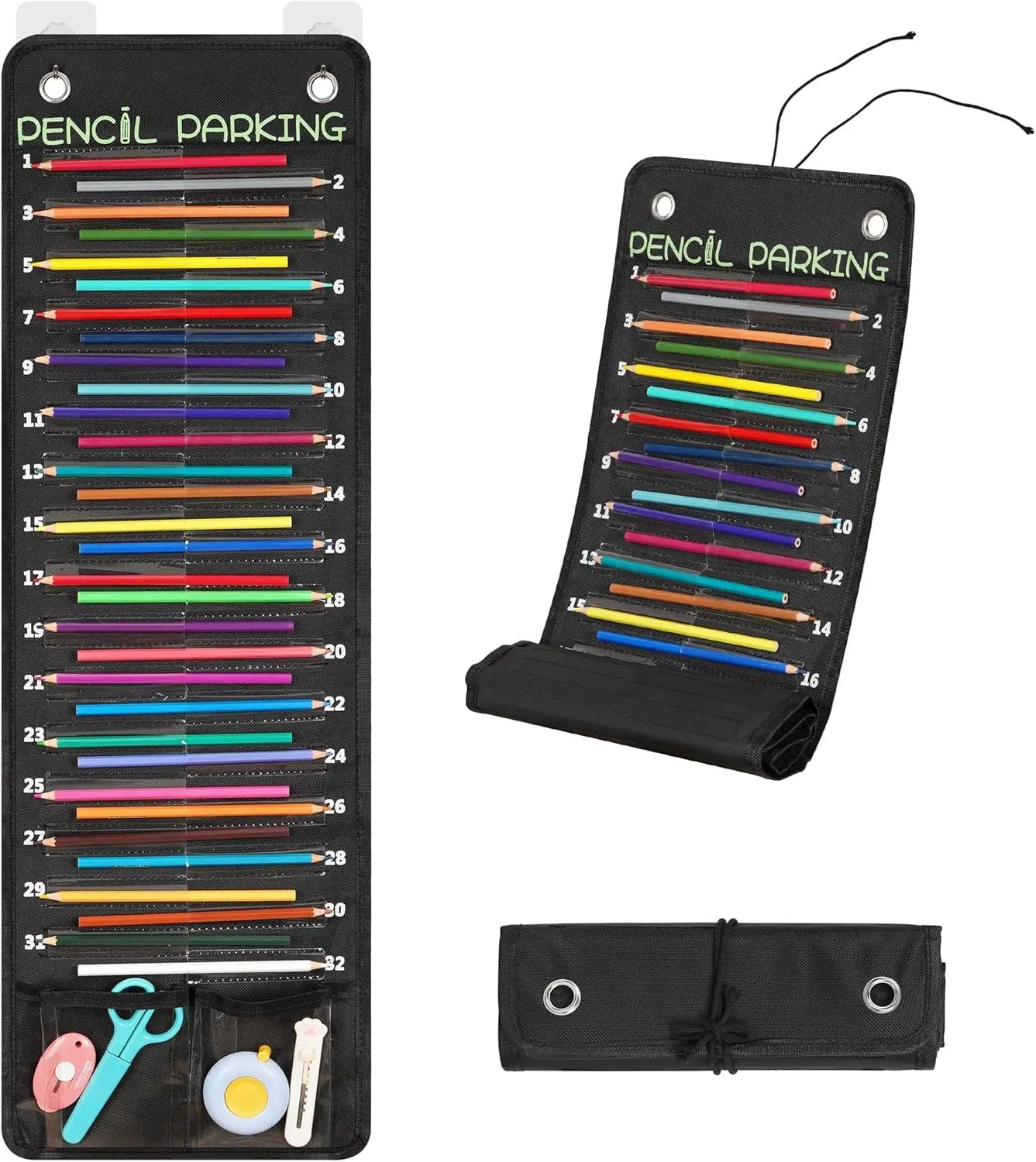 32-Pocket Pencil Parking for Classroom, Hanging Pencil Holder Wall Organizer | Numbered Portable Pencil Parking Pocket Chart, Pencil Holder for Classroom Organization, School Storage Supplies (Black)