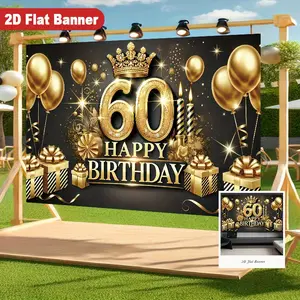 60th Birthday & Anniversary Glitter Backdrop Banner - 100% Premium Polyester, Soft, Fade-Resistant, with Crown Balloons & Happy Birthday Text for Grand Celebrations, Photo Booths