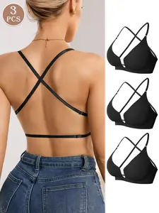 3 Pcs Women's Seamless Cross Back Backless Unlined Breathable Bra Set, Detachable Pads & Straps, Smooth Fit, Elegant Patchwork Design, Comfortable Ladies' Underwear