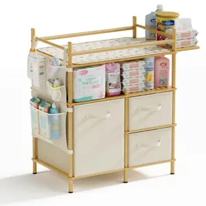 An  Baby Changing Table, Bamboo Diaper Changing Station with 3 Removable Storage Drawers, Baby Dresser Table with Flat Top, Large Storage Nursery Organizer Shelves with Pad, Mesh Pocket