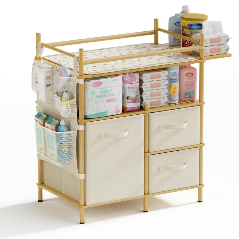 Bamboo Baby Changing Table - Expandable Nursery Organizer with Flat Top Dresser, 3 Removable Storage Drawers, Large Storage Shelves, Safety Rails, Changing Pad and Mesh Pockets