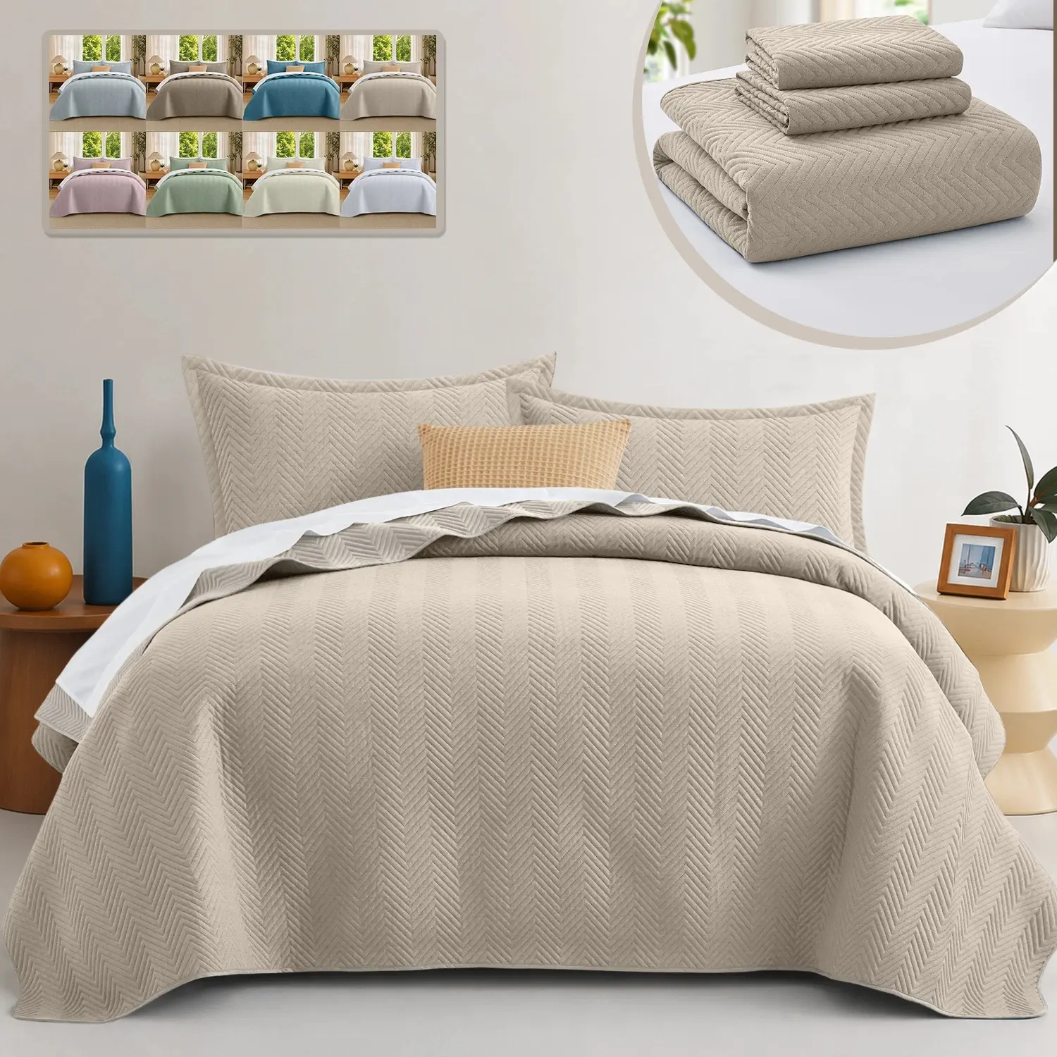 Twin Size Reversible 100% Polyester Quilt Bedspread Set - Cozy Bedding Set with Emerald, Beige, Ochre Options, Soft, Lightweight Coverlet for Home Textile Needs