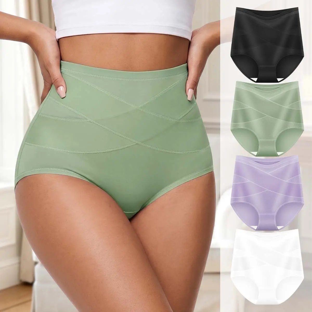 【Cotton】MORELECT 4/6/8 Pcs Women High Waist Cotton Underwear, Casual Everyday Briefs With Front Cross Detail, Solid Simple Style Ladies Panties, Soft Breathable Basic Underpants, All Seasons Wear, Comfort Daily Intimates For Women