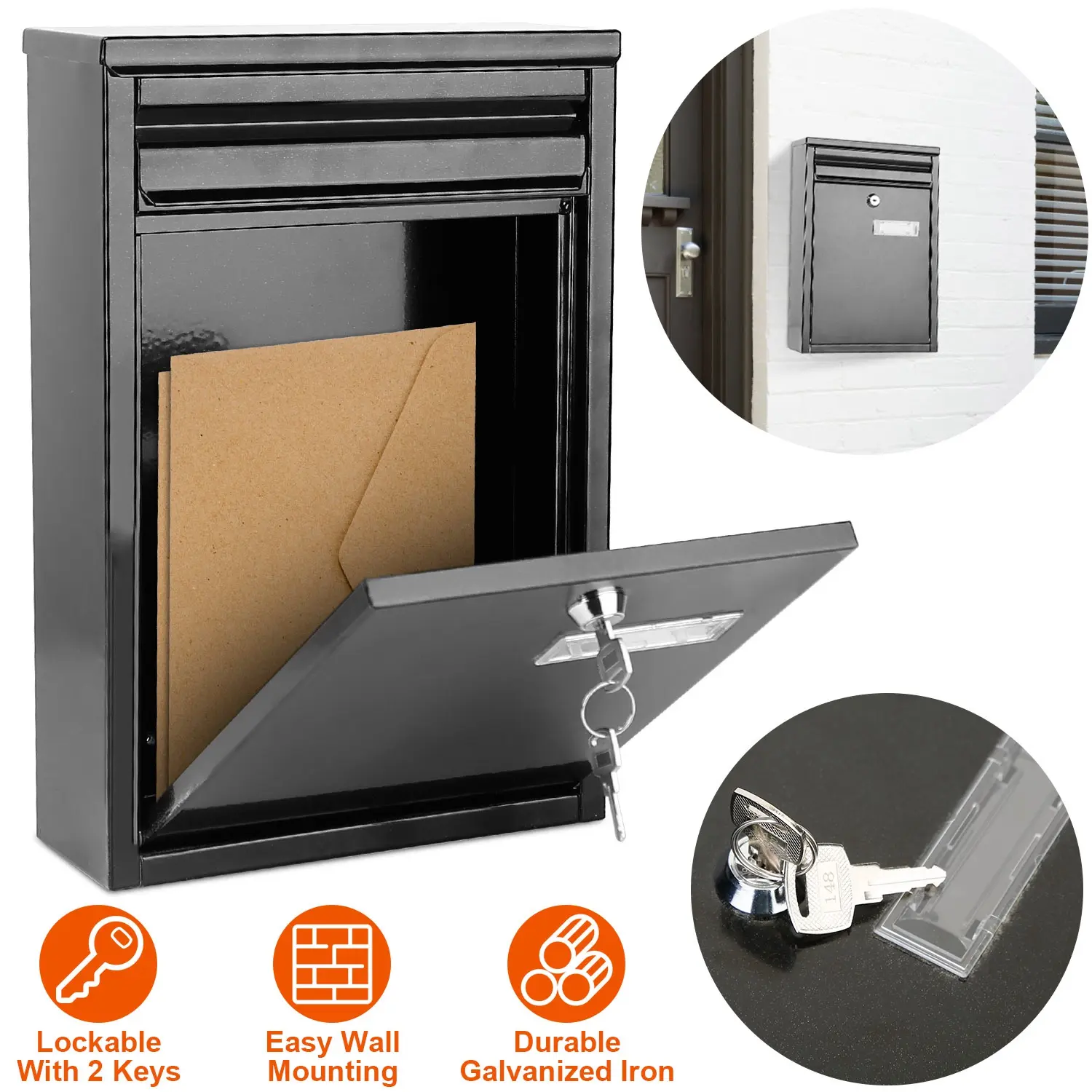 Lockable Galvanized Iron Wall Mount Mailbox, Secure Outdoor Letter Post Box for Home & Office, 2 Keys Included, Easy Installation & Durable Construction