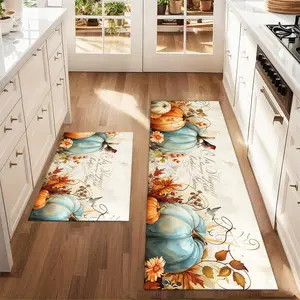 2Pcs Autumn Pumpkin Watercolor Bird Maple Leaf Floor mat set for farmhouse kitchen Rug restaurant floor laundry room decor carpet mat