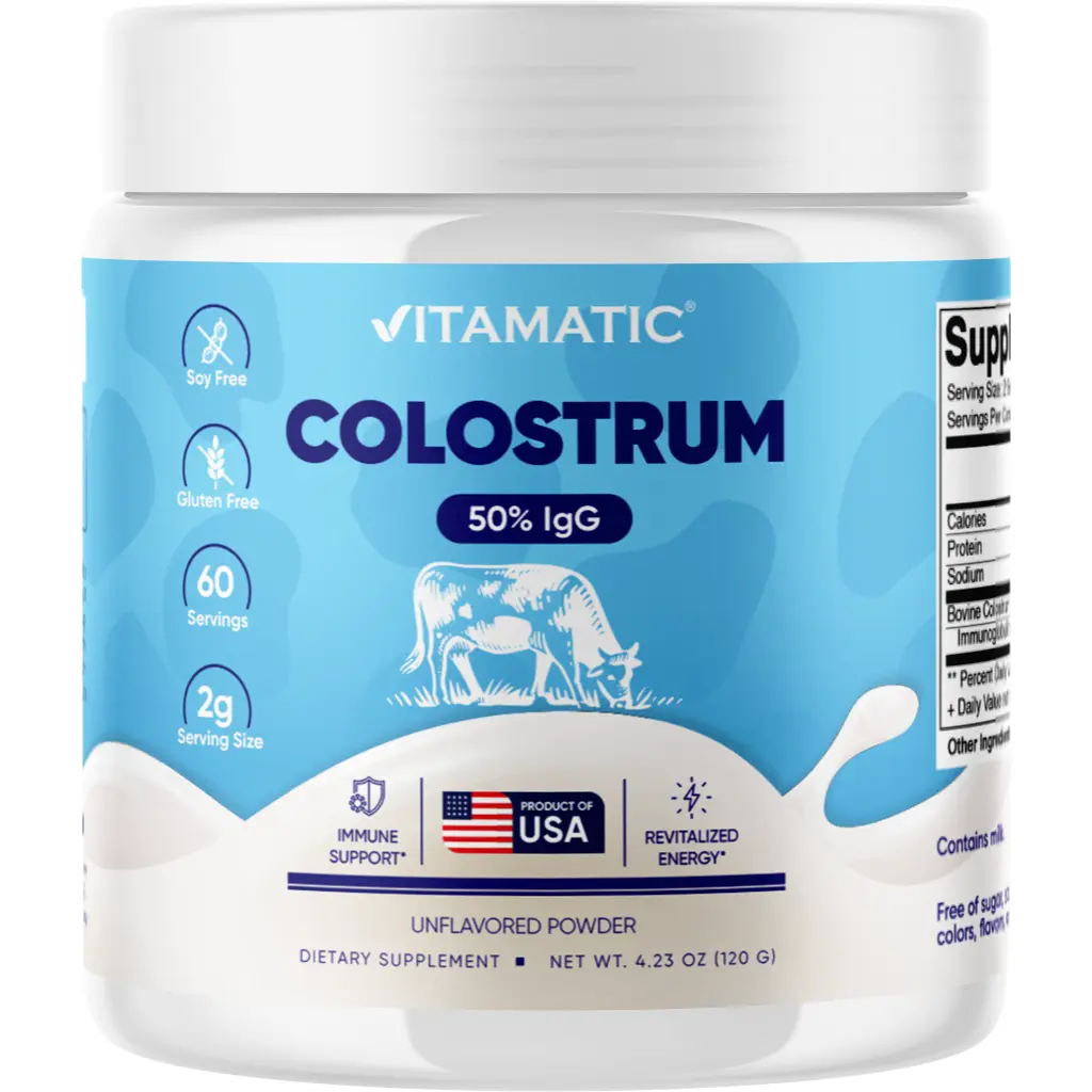 Vitamatic Bovine Colostrum Powder - 50% Highest IgG - 120 Gram - Supplement for Gut Health, Hair Growth, Beauty, Muscle Recovery, & Immune Support - Easy to Mix - Unflavored - 60 Servings