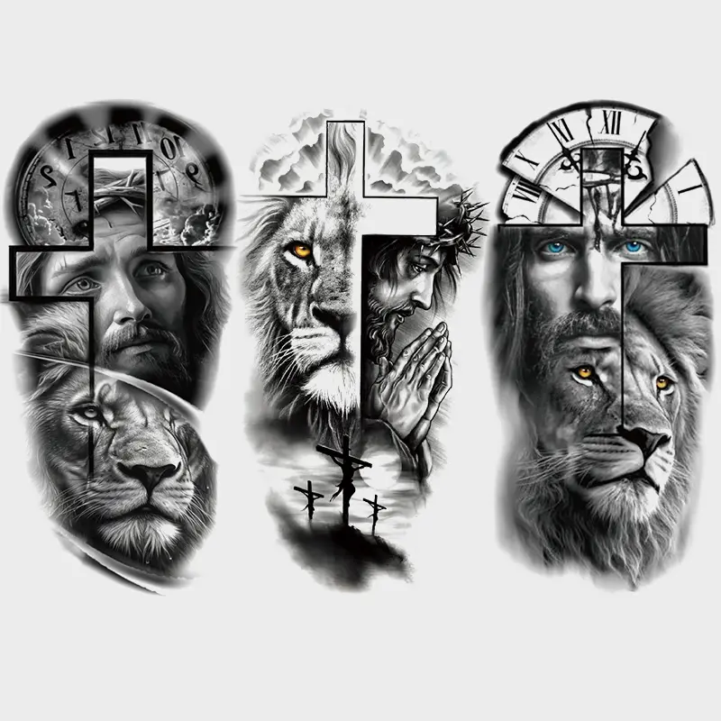 Waterproof Temporary Tattoo Stickers, Waterproof Realistic Tattoos, Ephemeral Tattoos, Forest Lion Jesus Cross Design, Body Art Decoration for Men & Women Arms Legs Long-Lasting Style, Body Fake Tattoos