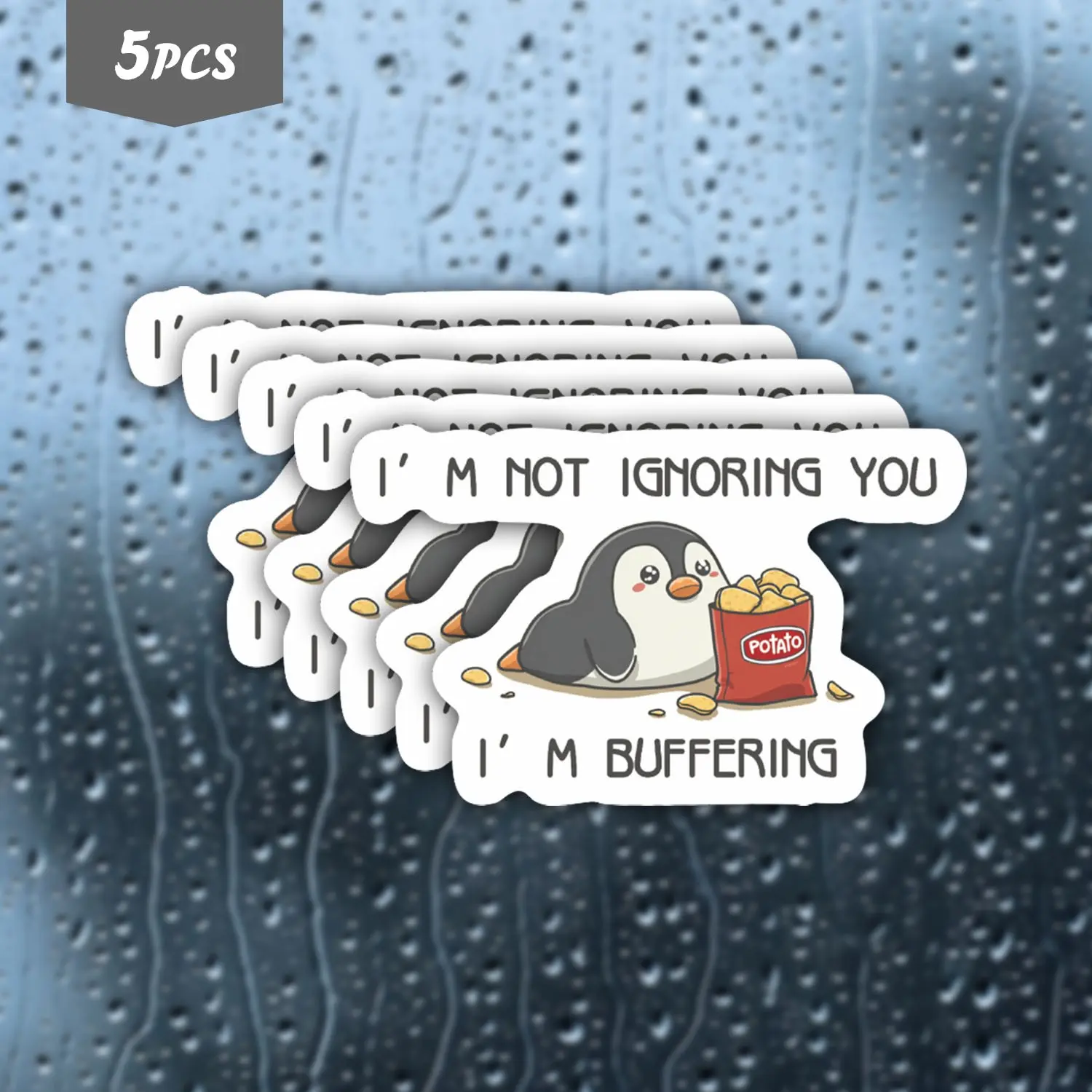 5Pcs Buffering Penguin "I'm Not Ignoring You I'm Buffering" Waterproof Vinyl Sticker, Self-Adhesive Single-Use Decal, Suitable For Water Bottles, Laptops, Phones, Ideal For Penguin Lover, Relatable Humor And Tech Vibe Enthusiasts