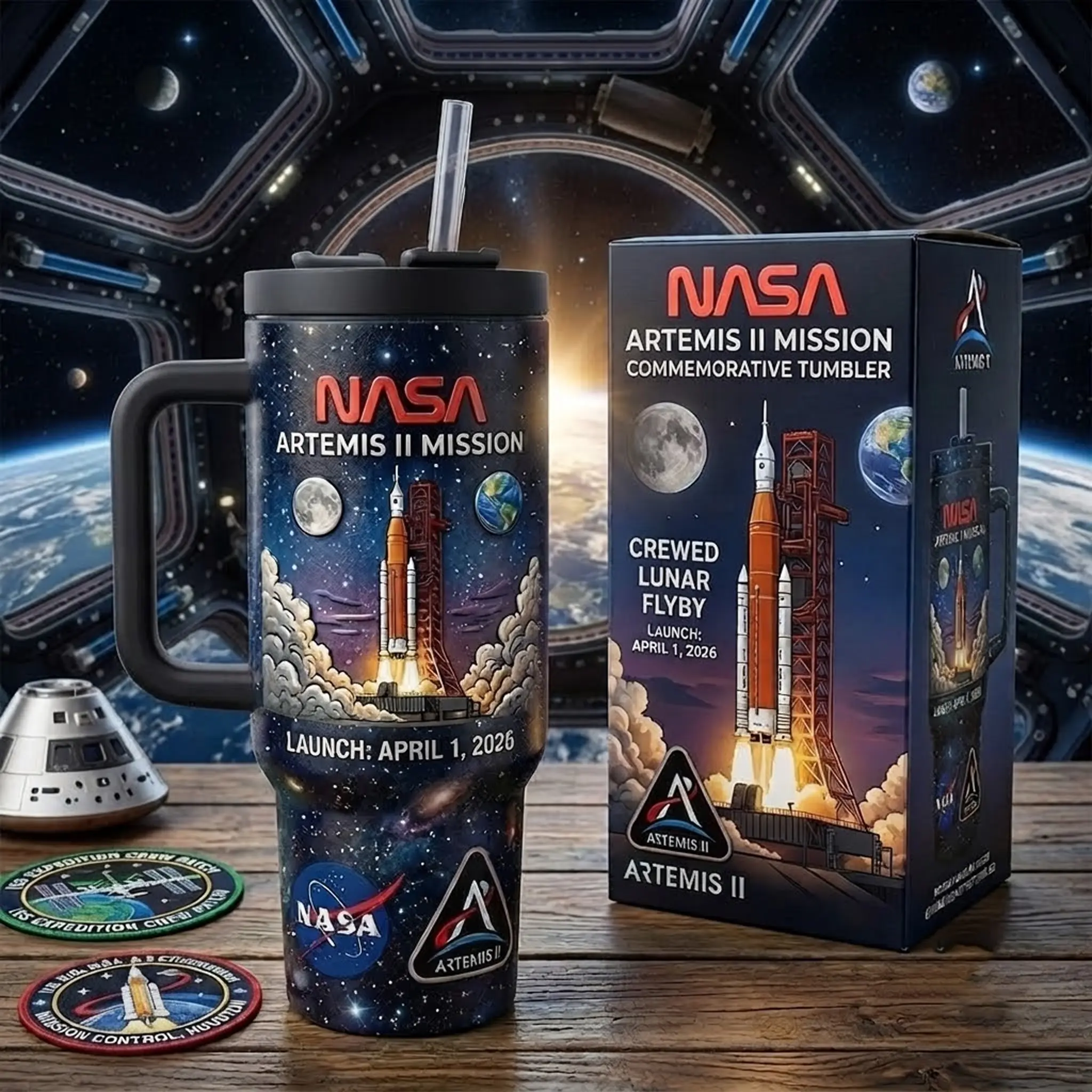 Nasa Artemis II Mision Tumbler 40oz With Handle & Straw, Limited Edition Collector Cup, Nasa Galaxy Stainless Steel Travel Mug, Artemis II Spaceship Gift, Insulated Drinkware
