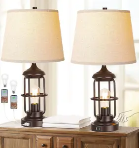 Table Lamp for Bedroom Set of 2 with USB A+C Ports, Farmhouse Bedside Lamp with Night Light, 3-Way Dimmable Touch Control, Rustic Industrial Nightstand Lamp for Living Room (2700K Bulbs Included)