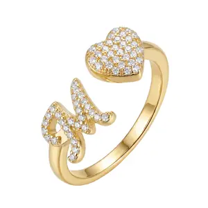 14K Plated Gold Initial Ring for Women Girls, Summer Creative Letter Ring with Cubic Zirconia, Adjustable Open Ring, Fashion Jewelry