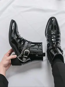Men's Pointed Toe High Heel Fashion Boots, Ankle Casual Boots, Chain Decoration Trendy Simple Chelsea Boots, Stylish Men's Shoes for Casual Wear, Fashionable Boots, All Match Boots
