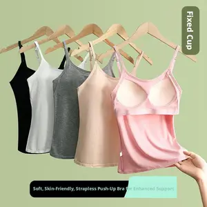 Set of 5 Women'S Camisole Tops with Built-In Bras, Featuring American-Style Padding, Suitable for Layering Or Wearing As Sports Underwear.