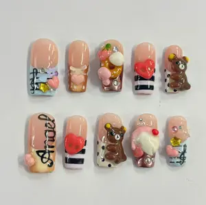 Cute Bear Dessert Press-On Nails, 3D Brown Bear, Ice Cream & Heart Charms, Pink Nude Kawaii Design, Sweet Bakery Inspired Nail Art, Handmade Statement Nails, Gifts for Her