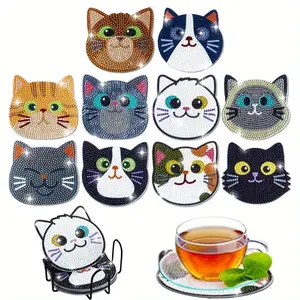 Pack Of 10 Diamond Painting Coasters Kits,Cat Diamond Art Coasters with Holder, Crafts Kits for DIY Coasters, Diamond Art Kits for Adults