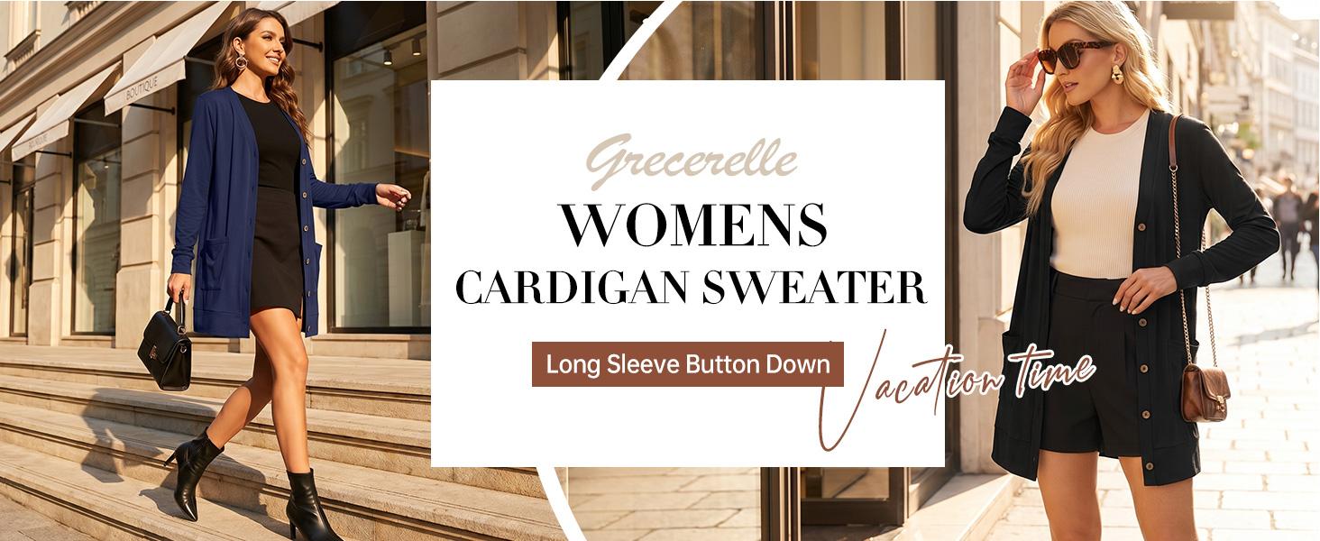 GRECERELLE Womens Lightweight Long Sleeve Cardigan with Pockets | Button Front V Neck Cardigans, Soft Business Casual Trendy Layering Sweater