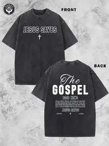 Men's Jesus Saves & Cross Print T-Shirt - Religious Faith Tee with Cross Pattern, Washed Cotton Short Sleeve Shirt, Loose Fit Round Neck Casual Wear f