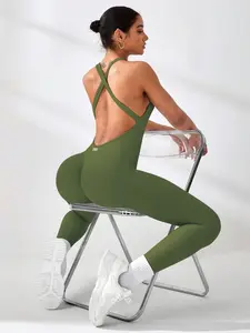 Women's Letter Print U-Neck Sports Jumpsuit, Casual Sleeveless Design, Perfect for Yoga and Fitness, Multi-Season Wear, Workout Jumpsuit