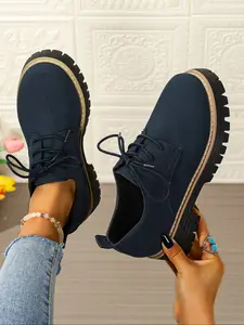 Unisex Large Size Round Toe Lace-Up Thick Sole Closed Loafers, Multifunctional Casual British Style Anti-Slip Height Increasing Business Shoes