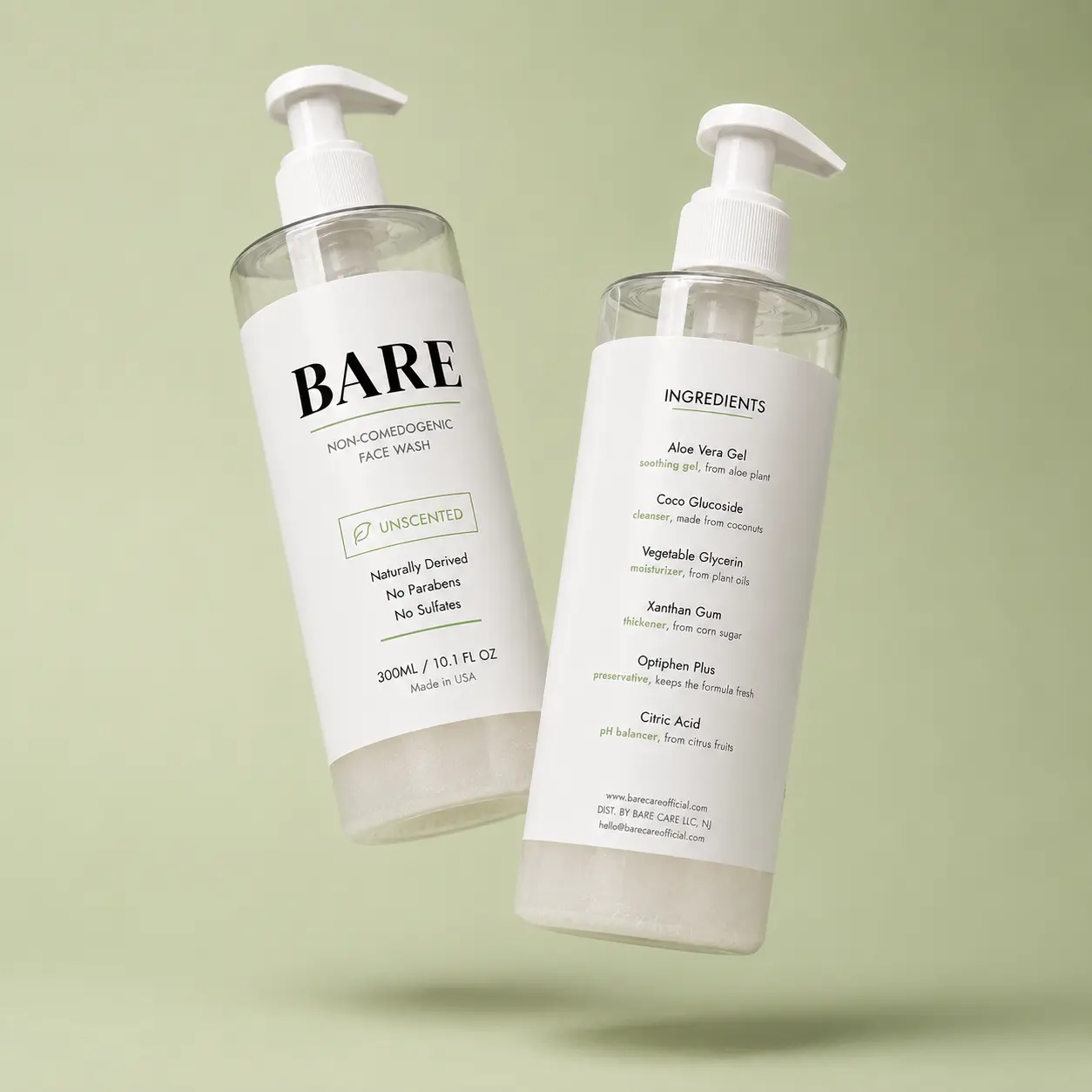 BARE Face Wash – 6 Ingredient Gentle Daily Facial, Cleanser, Non-Comedogenic, Soothing Ingredients, Unscented, 300ml - with Aloe Vera