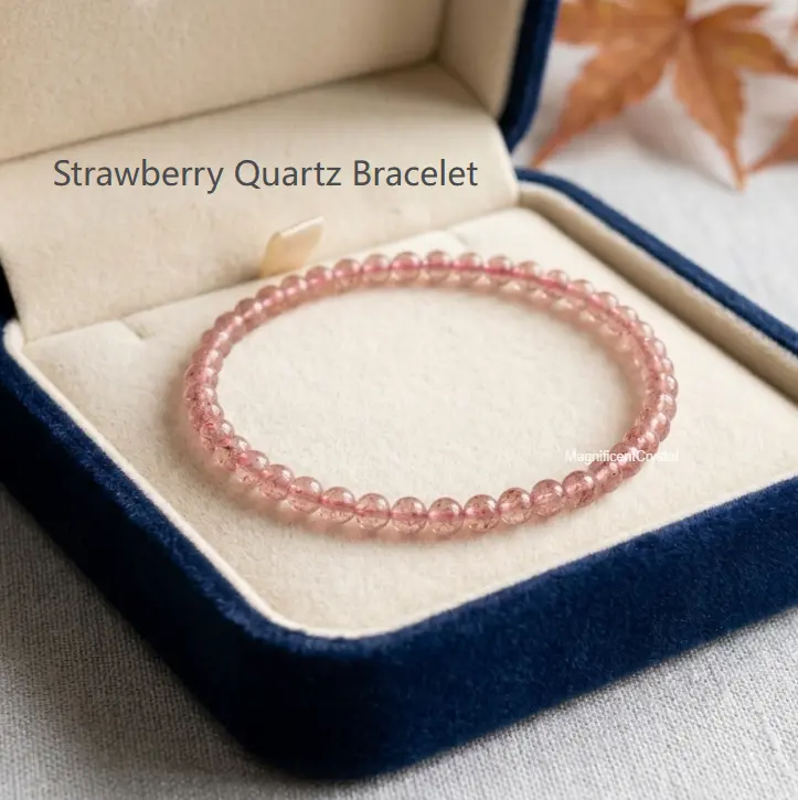 4mm Natural Strawberry Quartz Beads Adjustable Stretch Crystals Bracelet - Dainty Blush Pink Love Healing, Minimalist Design with Natural Inclusions for Everyday Wear, Attracting Love Beautiful Bracelet