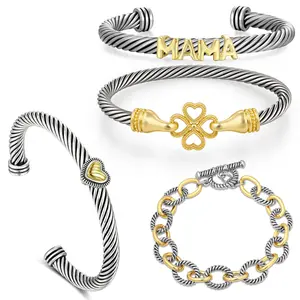 Mytys 4PCS Adjustable Two Tone Bracelet Pack for Women Round Snake Knot Cable Wire Style Cuff Bangles with Hook Clasp Fashion Copper Jewelry Gift