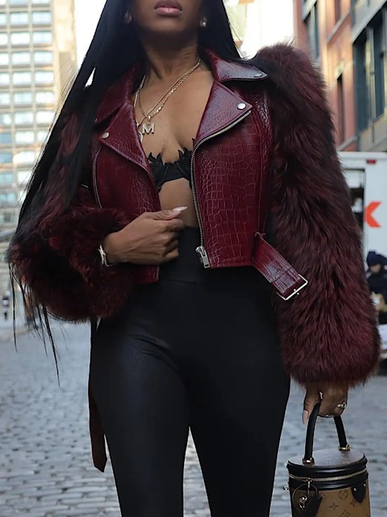 Women's Patchwork Faux Fur Fitted Jacket Coats Outerwear, Womenswear, Crocodile Texture Zipper Design, Casual Biker Style, All Seasons Wear, Stylish & Luxurious Look, Lady