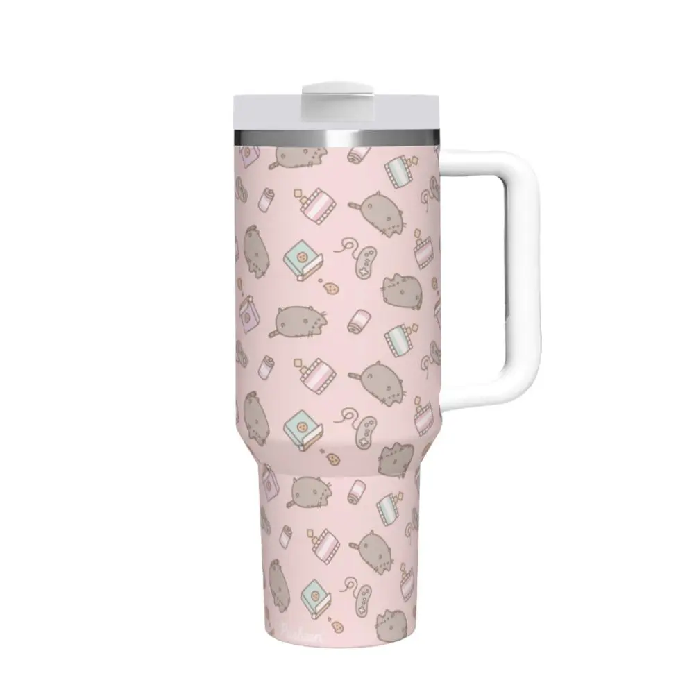 40oz Insulated Mug, Pusheen Cat colorful with intricate patterns Insulated Tumbler,Double-Wall Vacuum Insulated Stainless Steel with Straw Lid & Handle, Leak-Proof Thermal Mug Keeps Drinks Hot 12H and Cold 24H, Valentines Birthday Gift